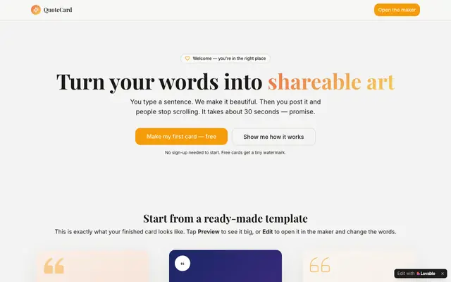 Screenshot of QuoteCard — Free Quote Card Maker for Creators