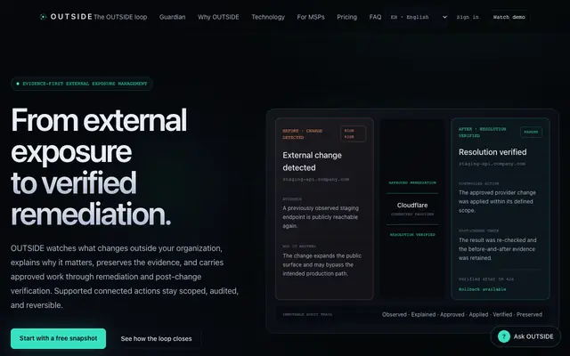 Screenshot of OUTSIDE — From external exposure to verified remediation
