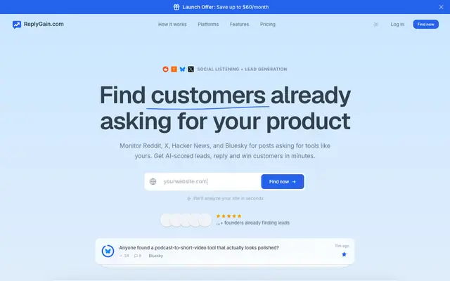 Screenshot of AI Lead Gen Tool for Reddit, HN, Bluesky & X | ReplyGain