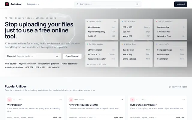 Screenshot of 77 online tools for Writing, Social Mockups, PDFs & Code
