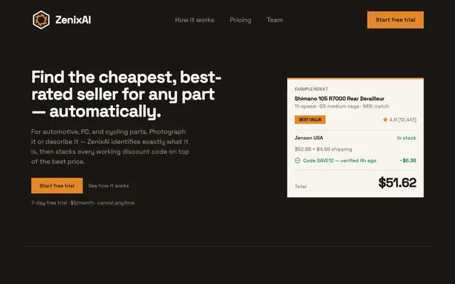 Screenshot of ZenixAI — Find the cheapest, best-rated seller for any part