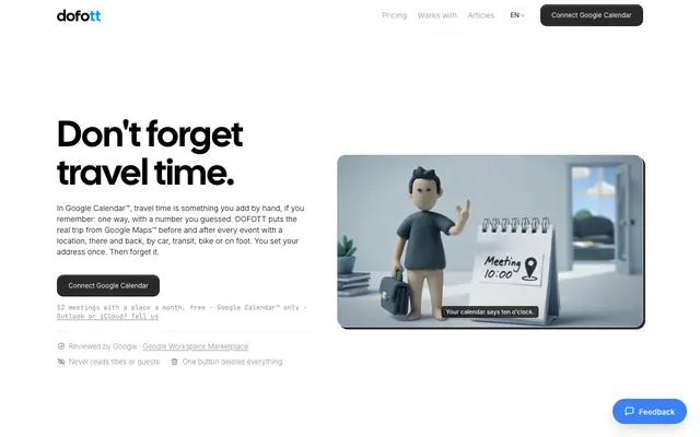 Screenshot of DOFOTT — automatic travel time for Google Calendar