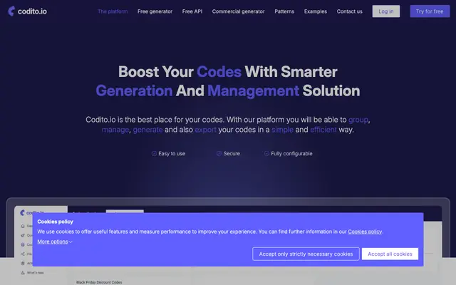 Screenshot of Code generation and management platform | codito.io