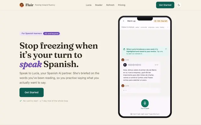 Screenshot of Fluir — Speak Spanish without freezing up