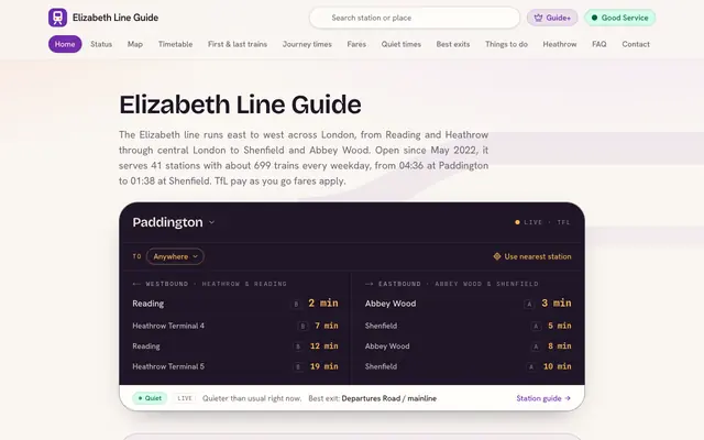 Screenshot of Elizabeth Line Guide: live status, timetable, map & fares