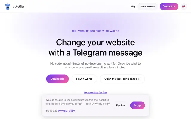 Screenshot of autoSite — the website you edit with a Telegram message