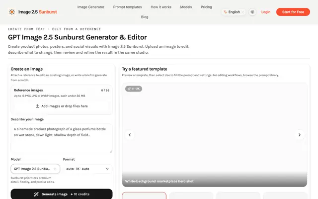 Screenshot of GPT Image 2.5 Sunburst - Generator & Editor
