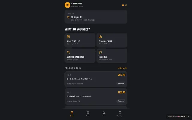 Screenshot of SiteRunner — Materials delivered to your jobsite