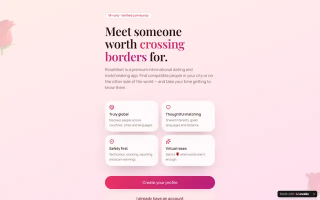 Screenshot of RoseMeet — Meet someone worth crossing borders for