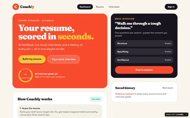 Screenshot of Coachly — AI resume scoring and mock interviews