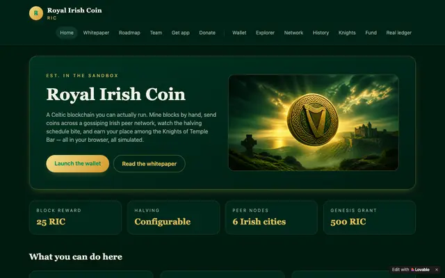 Screenshot of Royal Irish Coin — A Celtic Blockchain Simulator