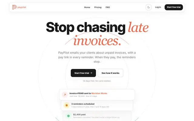Screenshot of PayPilot · Payment reminders for freelancers
