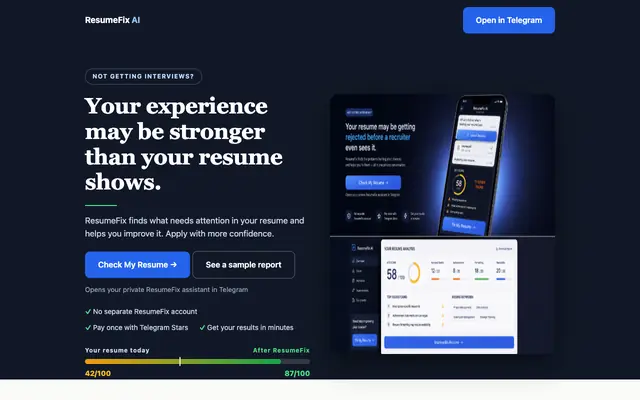 Screenshot of ResumeFix AI — AI Resume Review & ATS Rewrite in Telegram
