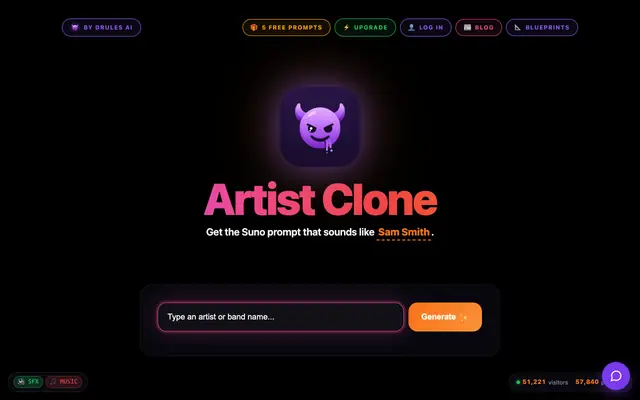 Screenshot of Artist Clone — Get the Suno Prompt That Sounds Like Any Artist