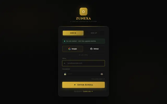 Screenshot of Zunexa — Authentication | Sign In to AI Engine & Logic Core