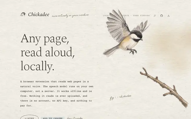 Screenshot of Chickadee — reads pages aloud, on your machine
