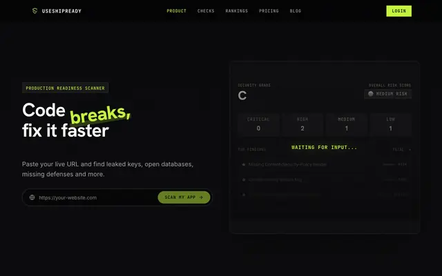 Screenshot of Website Security, SEO & AEO Scanner — ShipReady