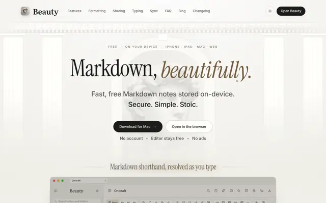 Screenshot of Beauty — A Markdown editor for people who notice things.