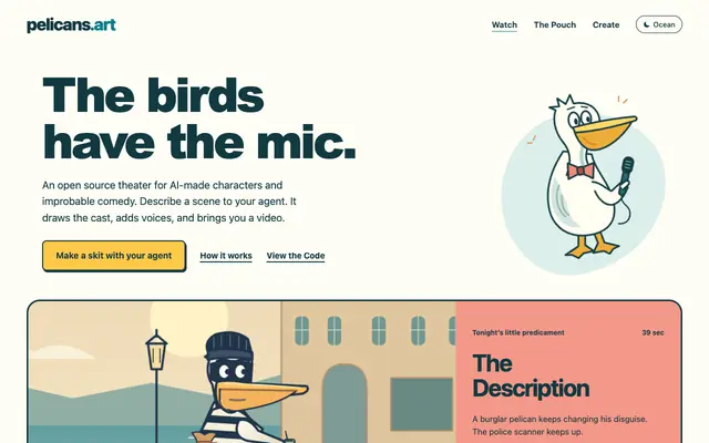 Screenshot of pelicans.art — The birds have the mic