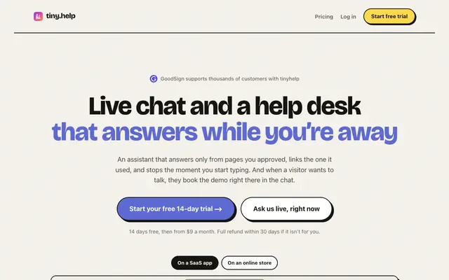Screenshot of Live chat with an assistant that knows your product - tiny.help