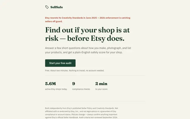 Screenshot of SellSafe — Etsy Shop Compliance Audit