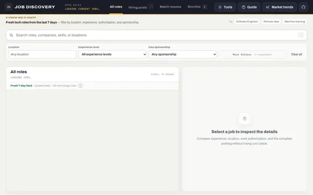 Screenshot of US Tech Job Discovery | Fresh AI, Data & Software Roles