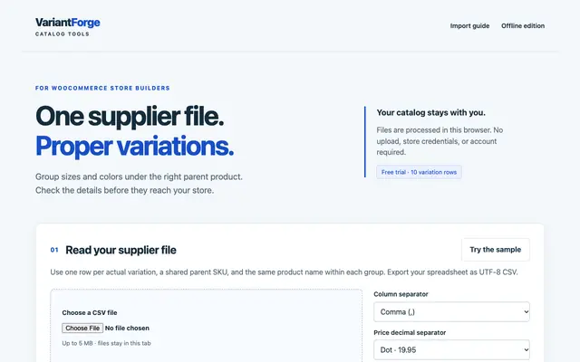 Screenshot of VariantForge — WooCommerce variation CSV builder