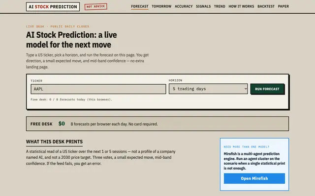 Screenshot of AI Stock Prediction — Live US Forecast Desk