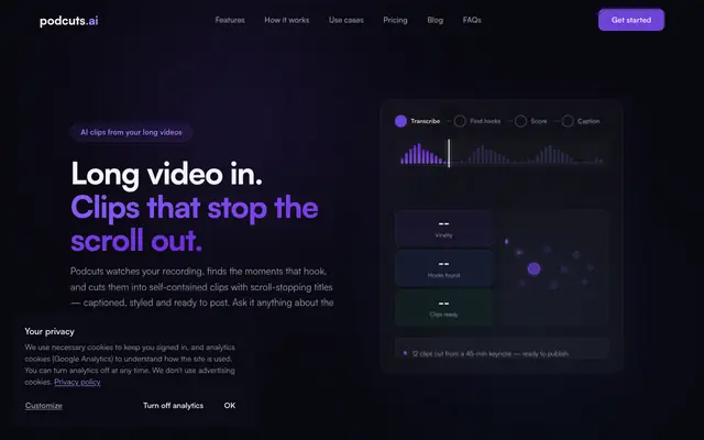 Screenshot of Podcuts.ai — AI Clips, Captions and Hooks from Your Long Videos