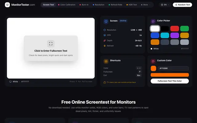 Screenshot of Screen Test - Free Online Monitor Tester | MonitorTester
