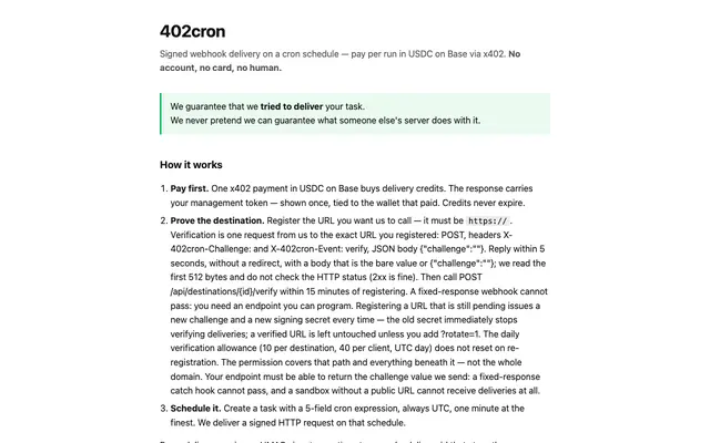Screenshot of 402cron — scheduled HTTP delivery for AI agents