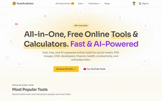 Screenshot of Free Online Tools & Calculators — Fast & AI-Powered | ToolsAndCalcs