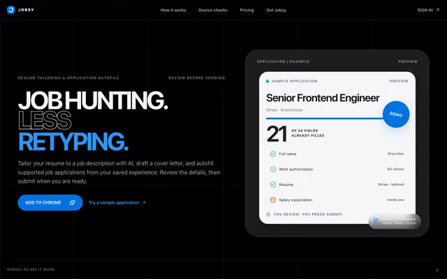 Screenshot of Jobsynow: AI Resume Tailoring & Application Autofill | Jobsy