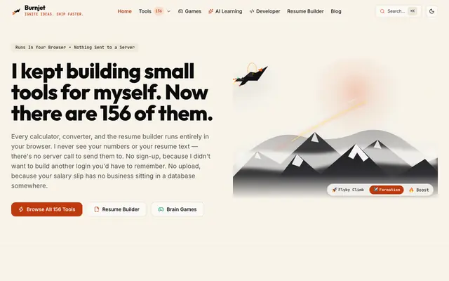 Screenshot of Burnjet — Free Tools, Calculators & Resume Builder