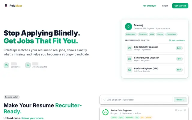 Screenshot of RoleMapr – Track Applications. Find Matching Jobs. Close Skill Gaps.