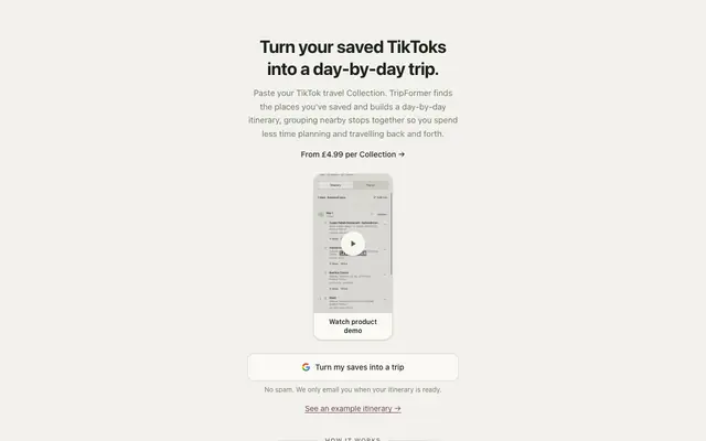 Screenshot of Tripformer: Turn saved TikToks into a day-by-day trip
