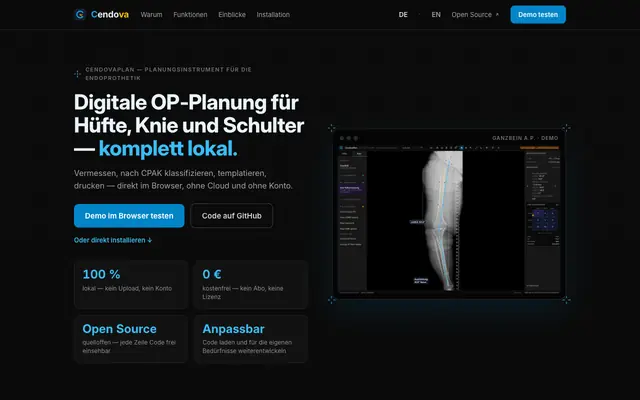 Screenshot of Cendova — Digitale OP-Planung für Hüfte, Knie und Schulter, komplett lokal