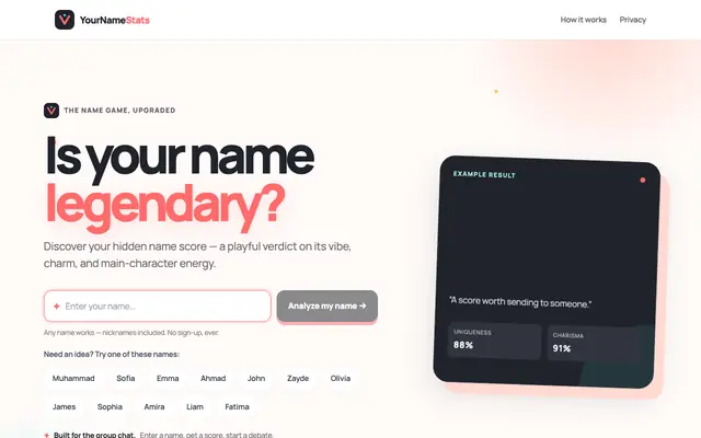 Screenshot of YourNameStats — Is your name legendary?