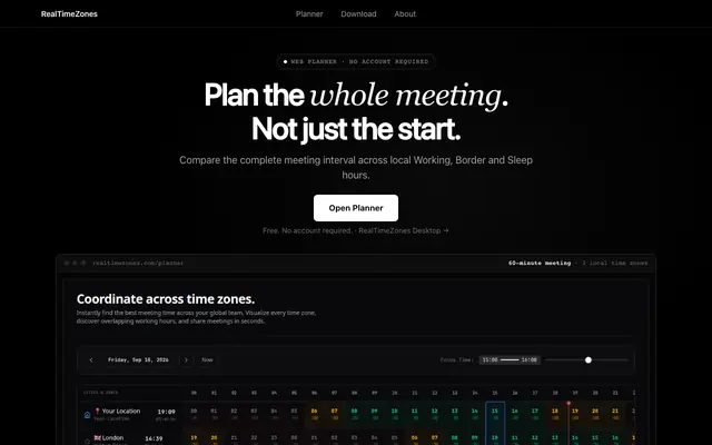 Screenshot of RealTimeZones – Fast Interactive Timezone Visualizer