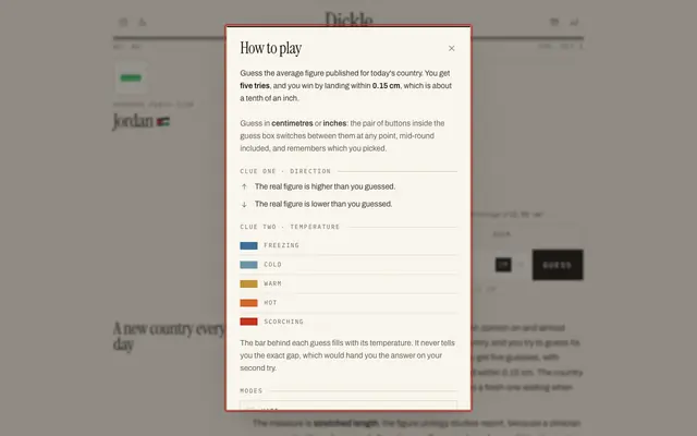 Screenshot of Dickle — Guess the Average Penis Size, a New Country Daily