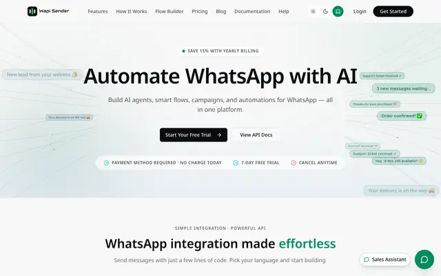 Screenshot of WhatsApp Automation, AI Agents & Flow Builder | WapiSender