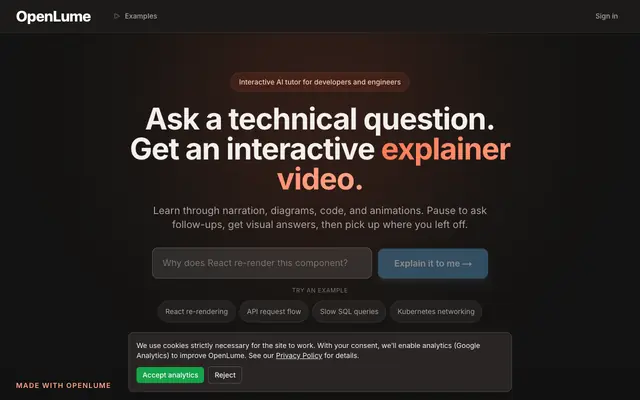 Screenshot of Ask Any Technical Question. Get an interactive explainer video | OpenLume