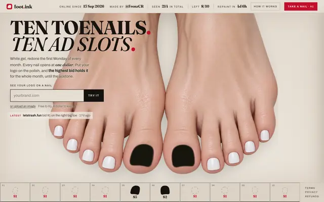 Screenshot of foot.ink · ten toenails, ten ad slots