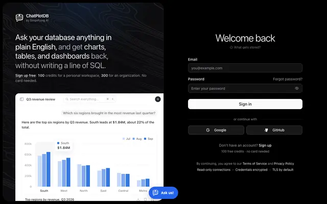 Screenshot of ChatPlotDB — Chat with your database, no SQL required