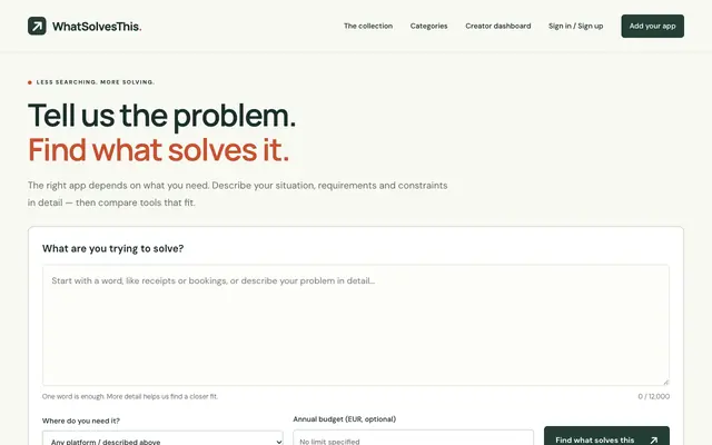 Screenshot of WhatSolvesThis — Find an app for your problem