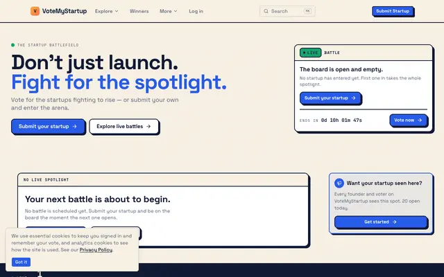 Screenshot of VoteMyStartup — Put Your Startup to the Vote