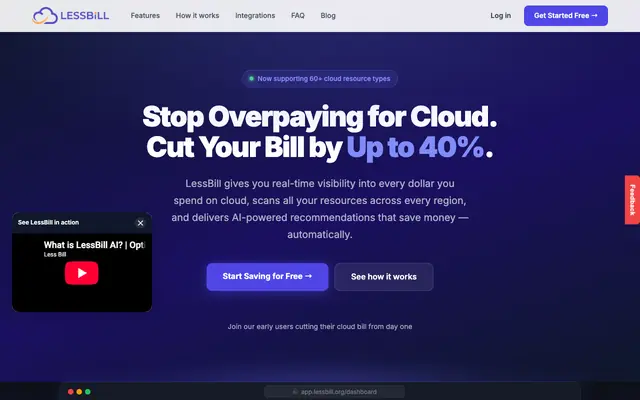 Screenshot of LessBill — Cloud Cost Optimization Tool | Reduce Your Cloud Bill by 40%