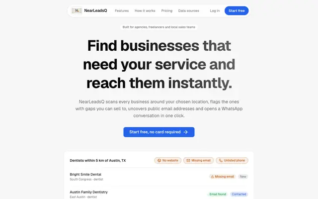 Screenshot of NearLeadsQ — Find local businesses missing websites, emails | NearLeadsQ