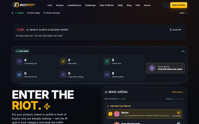 Screenshot of Bidriot — Enter the Riot. Bid. Win.