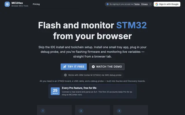 Screenshot of MCUHex — Flash and monitor STM32 from your browser